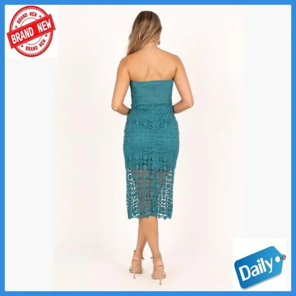 Strapless Lace Midi Dress with Boning Shirred Back Bodycon Fit
